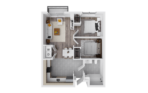 a 3d rendering of a bedroom floor plan with a bathroom and a living room